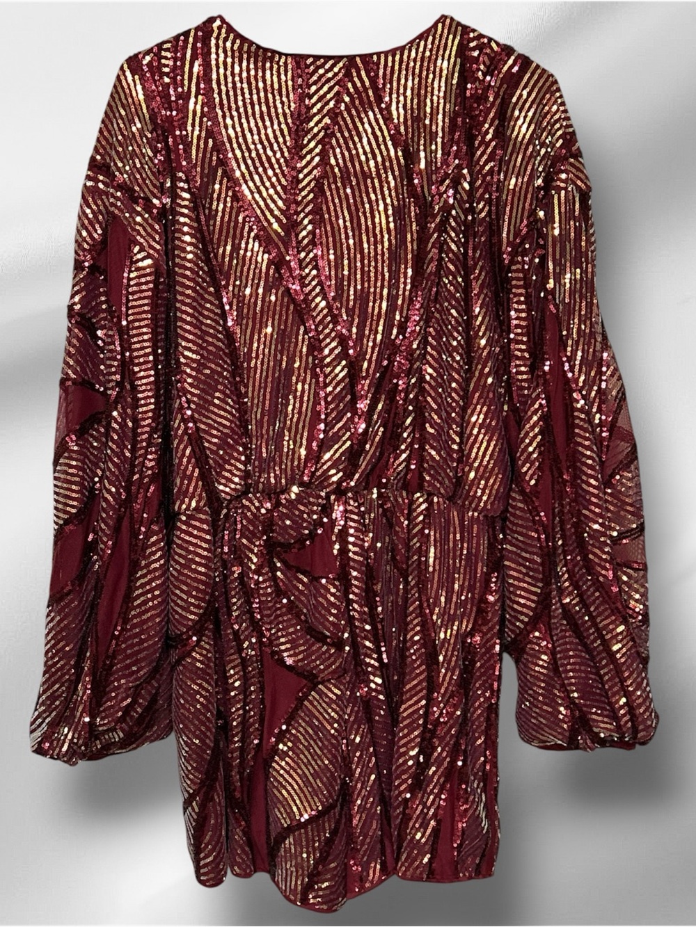 Fashion Nova Burgundy & Gold Sequin Wrap Romper Size XL NWOT - Picture 2 of 8